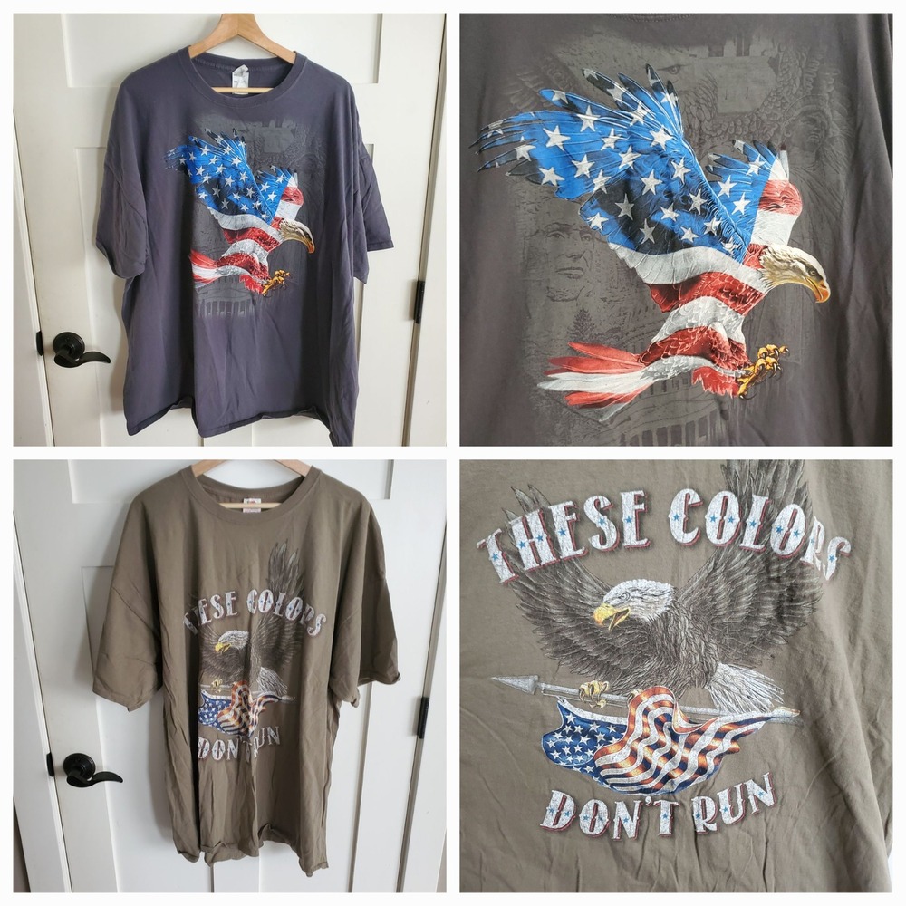 Lot of 2 Fruit of the Loom Patriotic Eagle T-Shirts 3XL Grey Olive Cotton USA